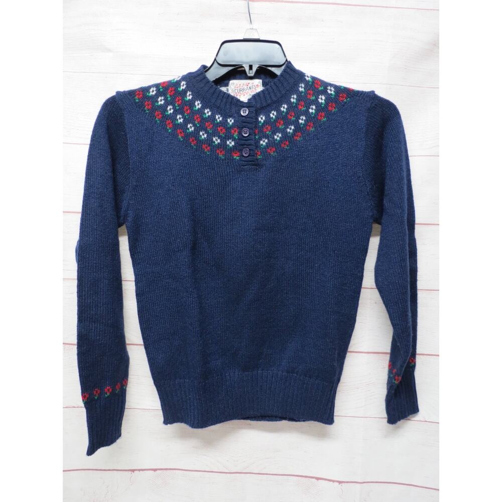 Vintage Currants by Jeri-Jo Button Floral Yoke Navy Blue Red Sweater Size Medium
